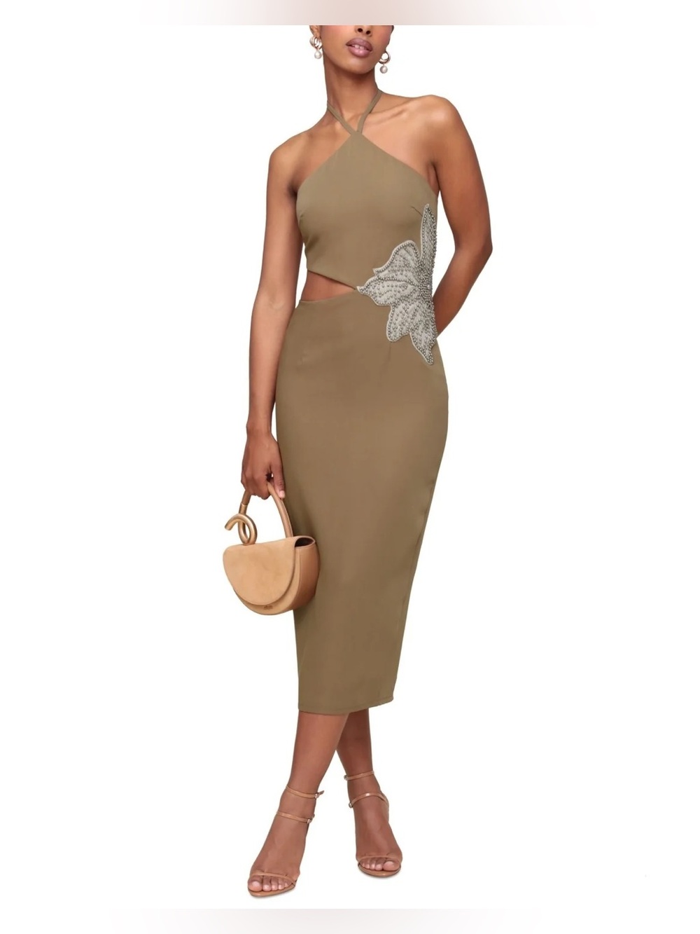 Avec Les Filles Olive Beaded Floral Cutout Halter Midi Dress Size 10 NWT
